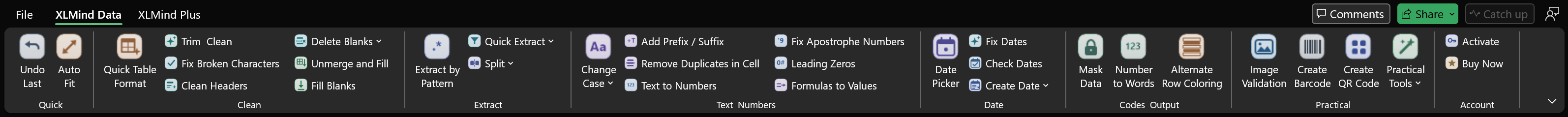 The XLMind Data ribbon with the full set of data tools