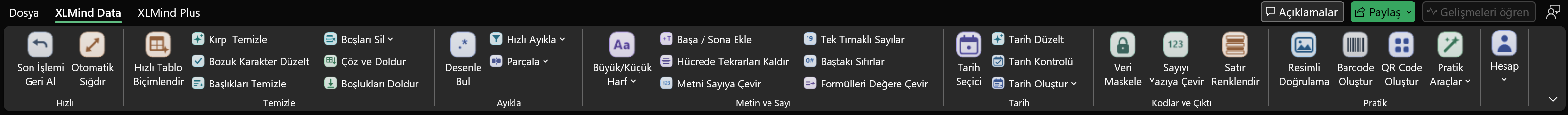 XLMind Data şeridi, veri araçlarının tamamı