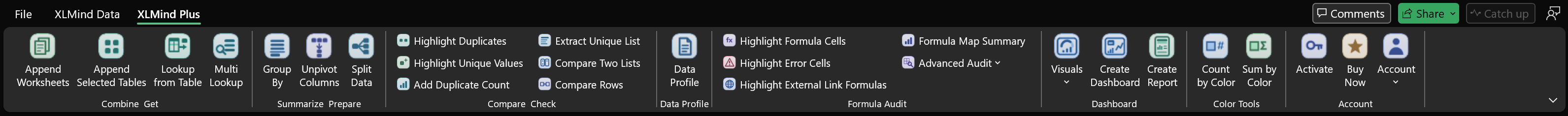 The XLMind Plus ribbon with analysis and reporting tools